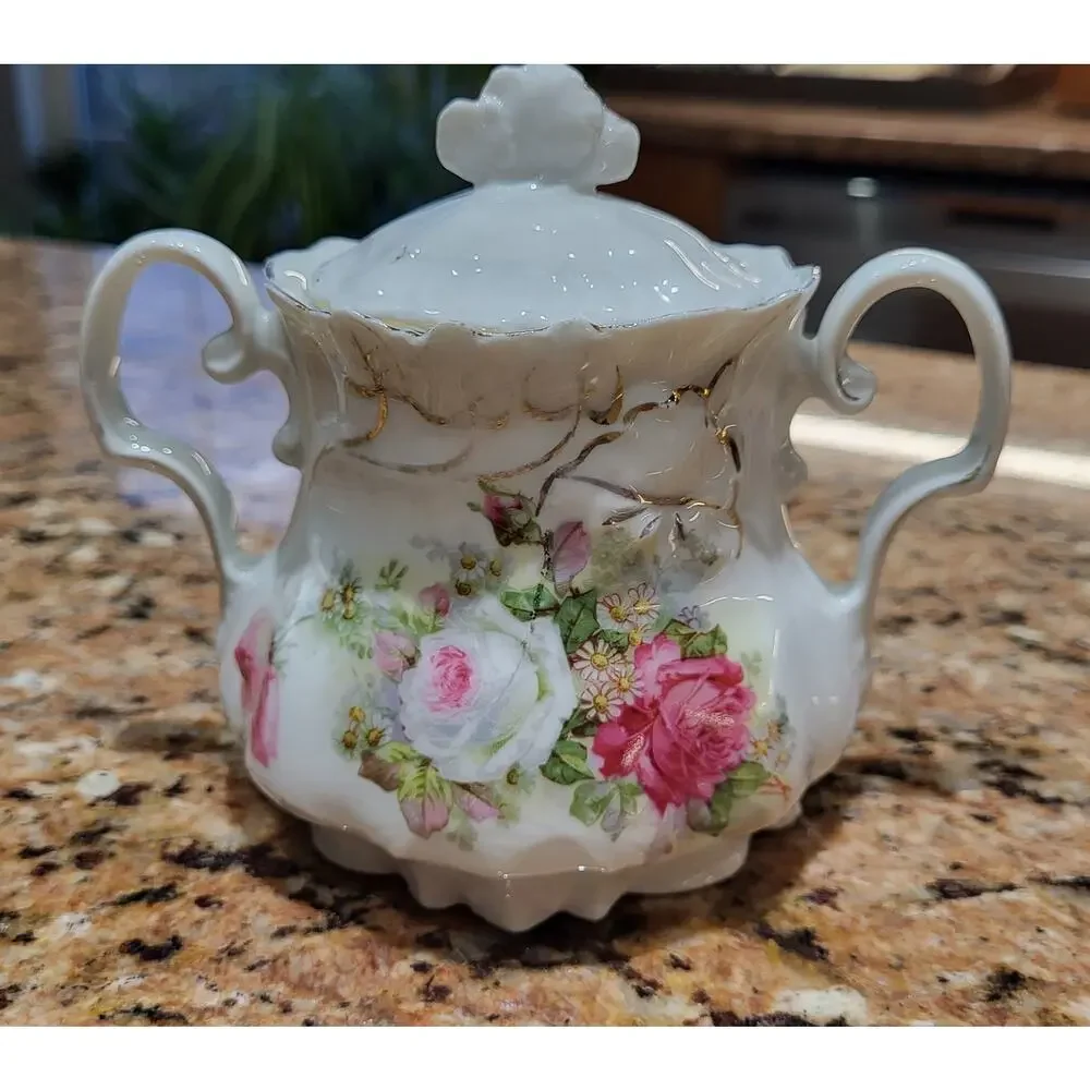 Antique Lehmann Leuchtenburg Germany Sugar Bowl Pink White Roses 2 handle - Picture 1 of 15